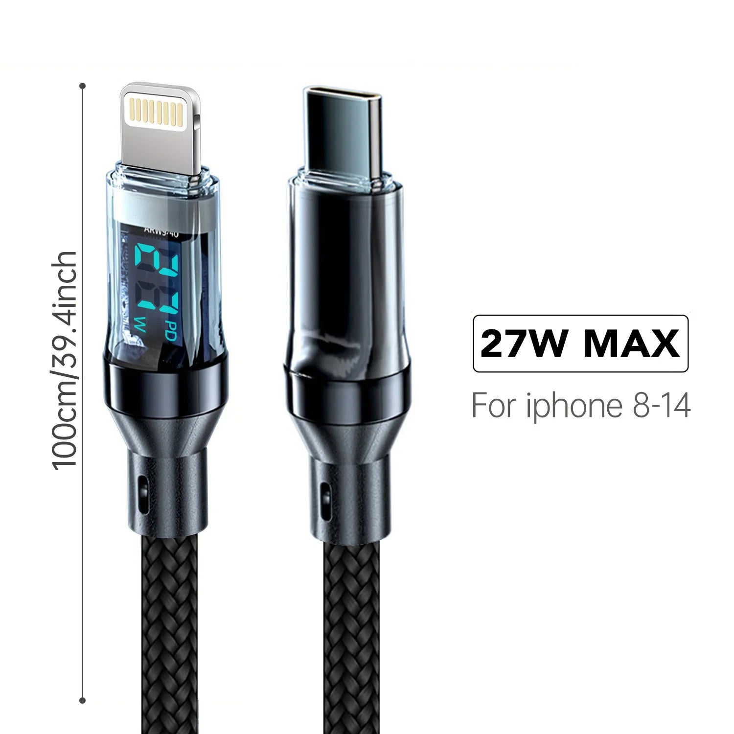 PD 27W Fast Charge Cable LCD Display Transparent Shell Data Transfer, USB A Type-C to Lightning Cord for iPhone 14 Pro Max/13/12