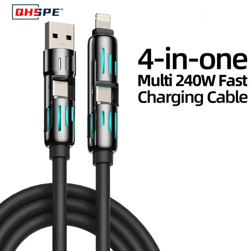 USB、Type C, lightning-Max 240W Fast Charging and Data Sync MFISH 4-in-1 Multi-Function USB Charging Cable for iPhone 16/15, iPad