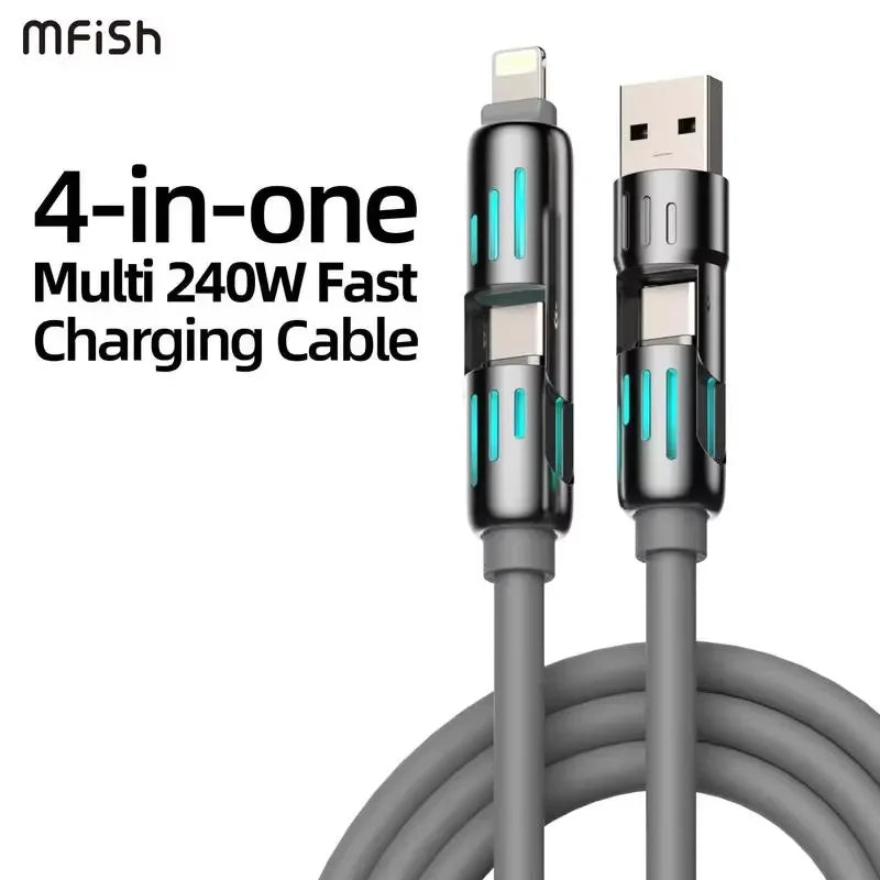 USB、Type C, lightning-Max 240W Fast Charging and Data Sync MFISH 4-in-1 Multi-Function USB Charging Cable for iPhone 16/15, iPad
