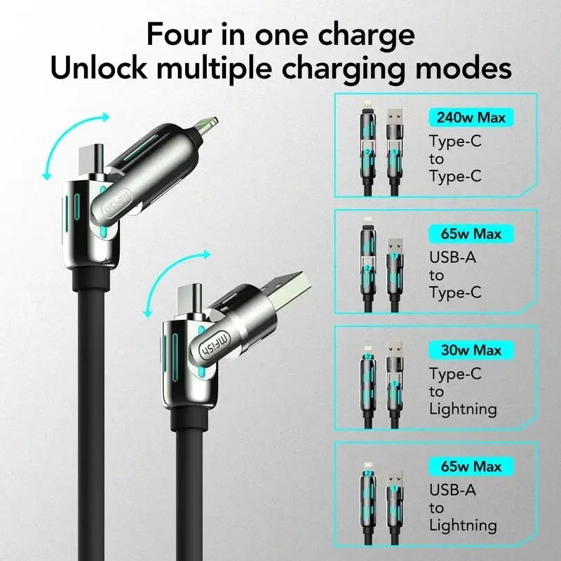 USB、Type C, lightning-Max 240W Fast Charging and Data Sync MFISH 4-in-1 Multi-Function USB Charging Cable for iPhone 16/15, iPad